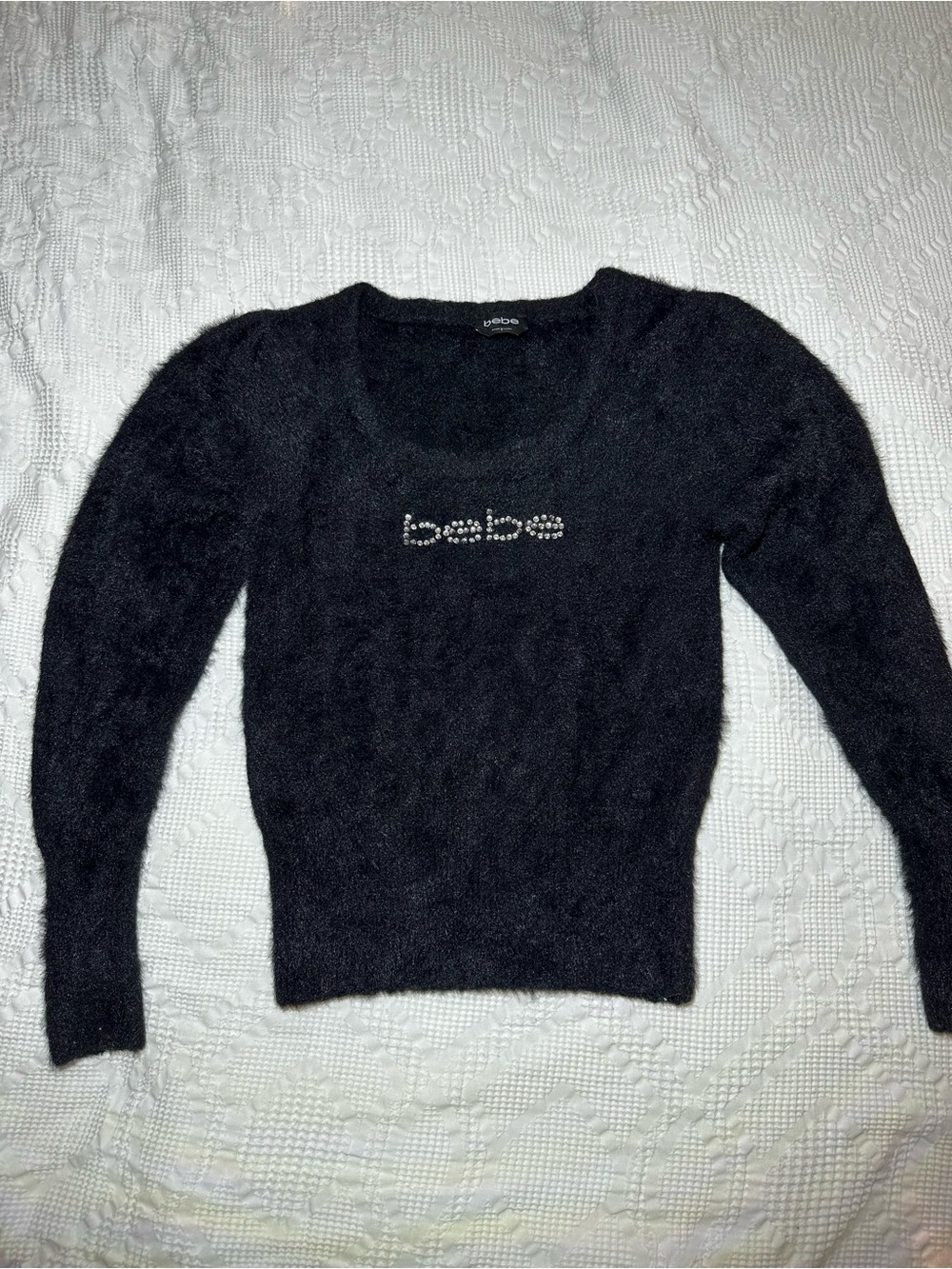 Bebe Rhinestone Logo Fuzzy Sweater - Picture 2 of 5